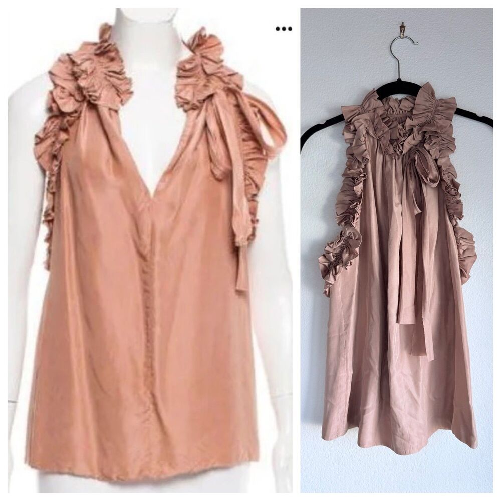 Robert Rodriguez 100% Silk Ruffle Sleeveless Racerback Blouse in Dusty Pink Sz 0